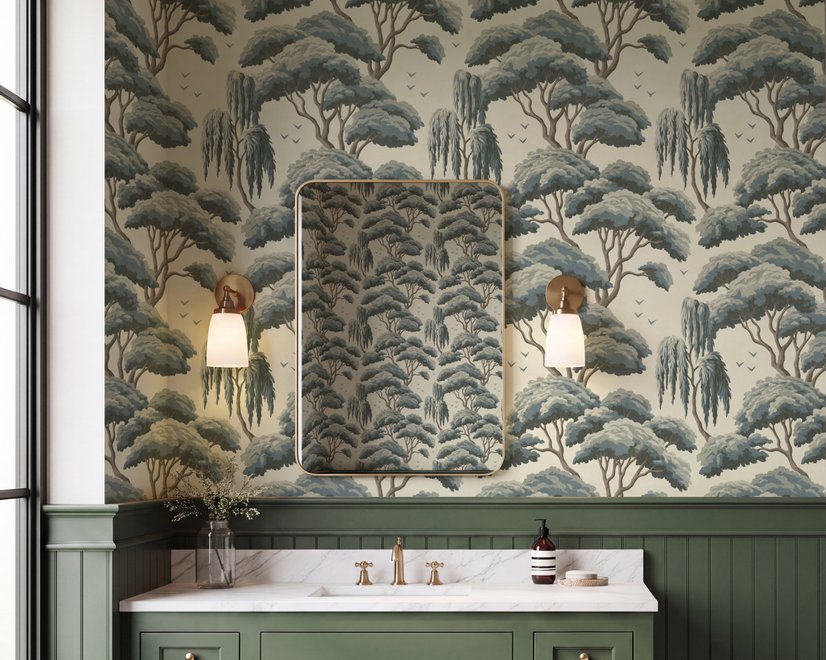 Vintage Japanese tree nature wallpaper with blue-grey canopies, willow foliage, birds and ivory-cream ground