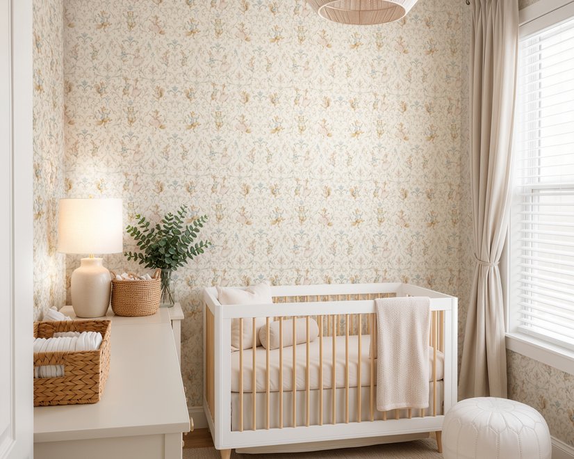 Cute rabbits wallpaper with woodland animals, white birds and acanthus scrolls on an ivory cream ground