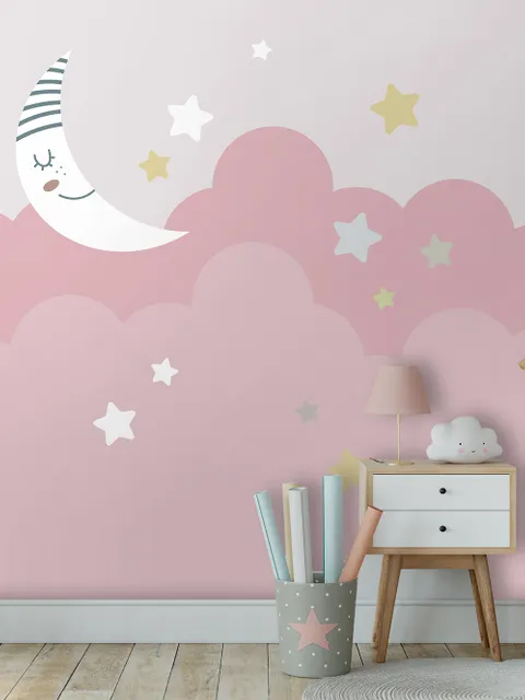 Cartoon Pinker Himmel und Mond Fototapete