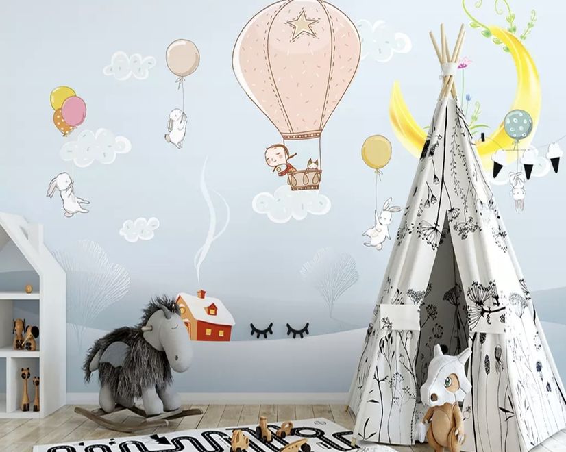 Cartoon Winterscape and Rabbit Flying Wallpaper Mural