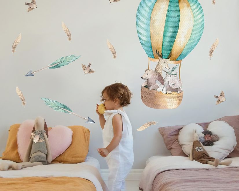 Kids Watercolor Hot Air Balloon with Animals and Colorful Feathers Wall Decal Sticker