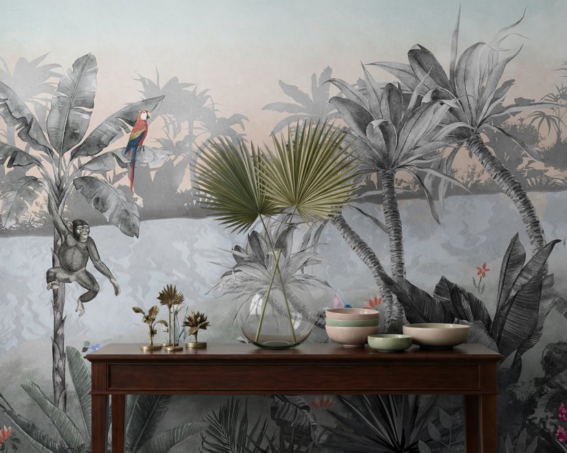 Papier peint perroquet coloré singe mignon forêt douce