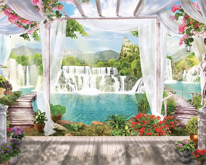 Papier peint panoramique jardin paysager et cascades en 3D