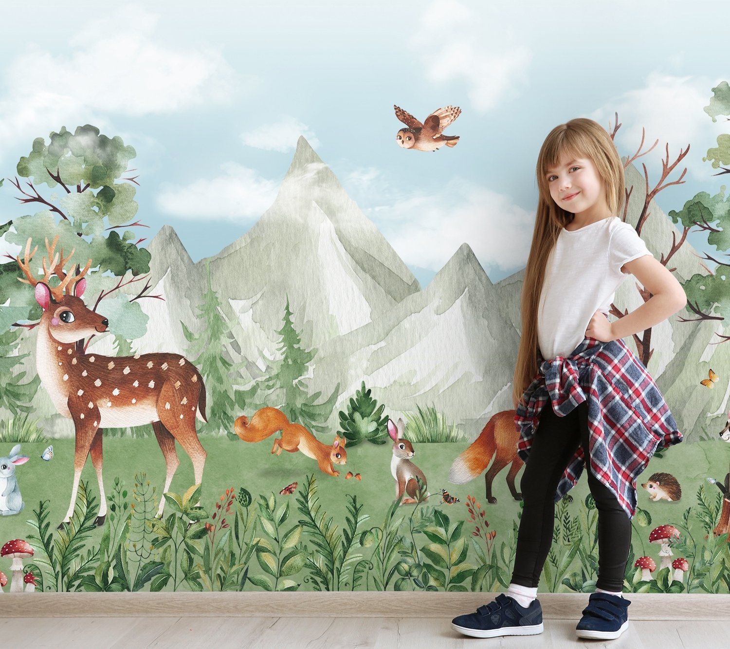 Cute Forest Animals with Kids Mountain Landscape Wallpaper Mural - Peel and Stick