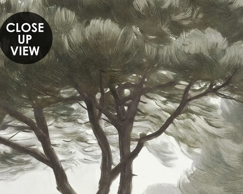 Forest in fog wallpaper with tall pine trees, grey mist, shrubs and a spiky palm in watercolour.