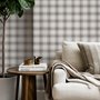Neutral beige and brown plaid wallpaper with cream squares, taupe woven blocks and fine dark brown lines