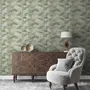Bamboo oil painting wallpaper with olive leaves and ochre canes on a soft blue-grey ground