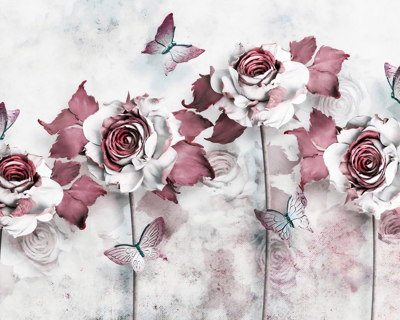 Papier peint panoramique floral avec petits papillons effet 3D