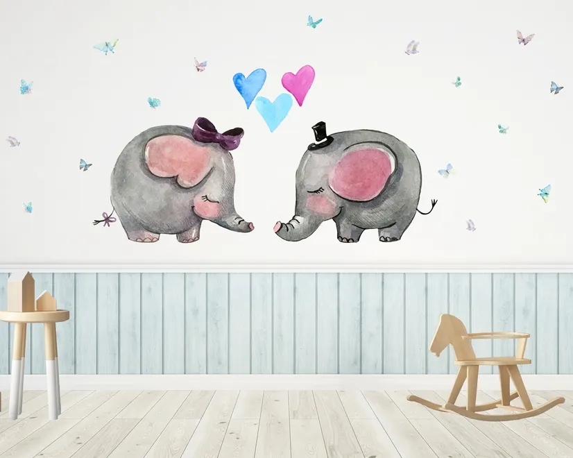 Cartoon Elephant with Little Love Wallpaper Mural