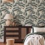 Vintage Japanese tree nature wallpaper with blue-grey canopies, willow foliage, birds and ivory-cream ground