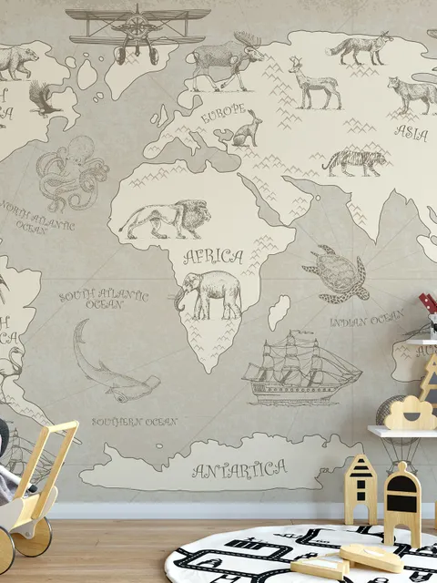 Kids Soft Brown Continent World Map with Drawing Animals Wallpaper Mural