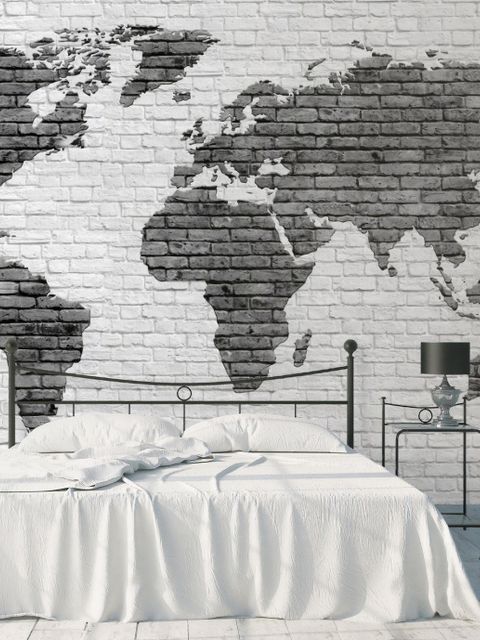 Black White Brick World Maps Wallpaper Mural