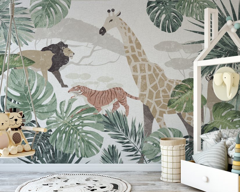 Retro Wild Animals with Tropical Leaves Wallpaper Mural