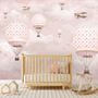 Papier peint panoramique du ciel rose des montgolfières et des avions pour les enfants et les filles
