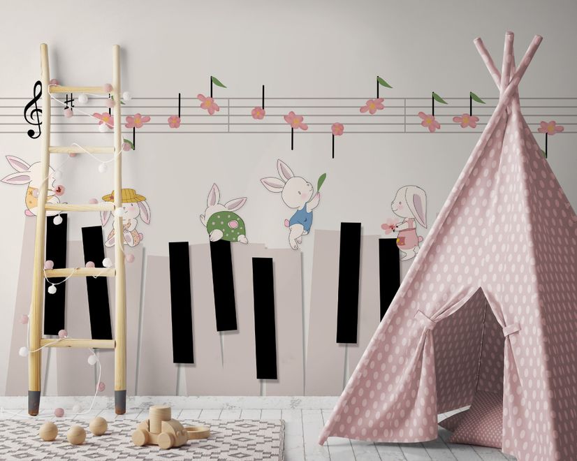 Cartoon Piano with Rabbits Wallpaper Mural