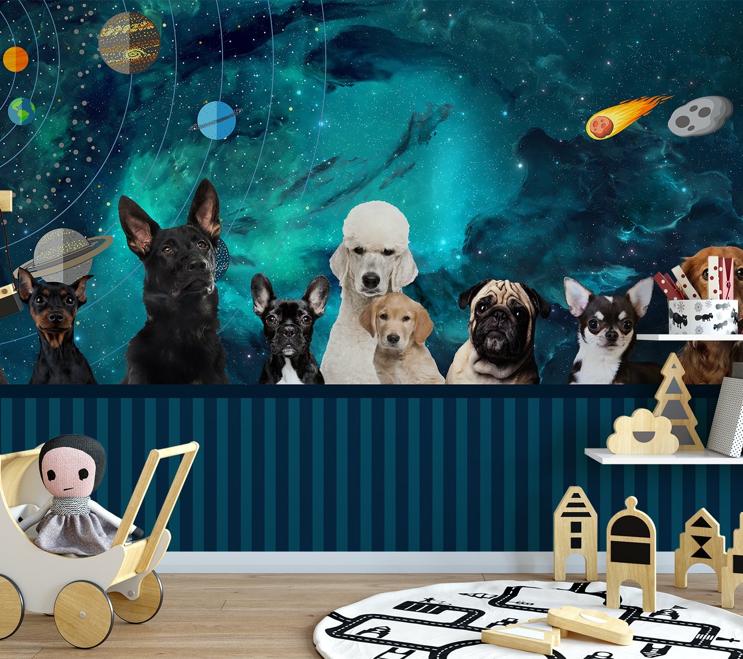 Cartoon Space with Different Dog Wallpaper Mural - Peel and Stick