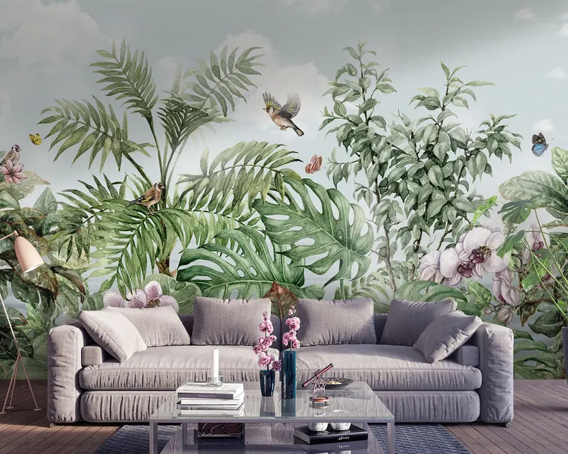 Tropical Leaves with Birds and Florals Wallpaper Mural