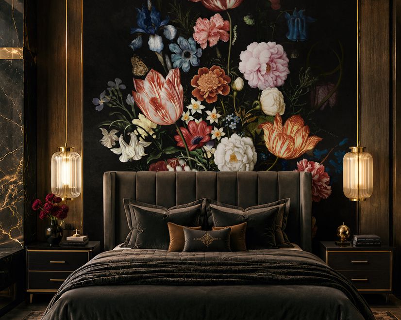 Elegant Dutch Dark Floral Bouquet Wallpaper Mural