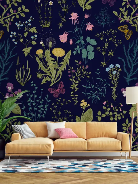 Papier peint petites herbes fleurs fond sombre