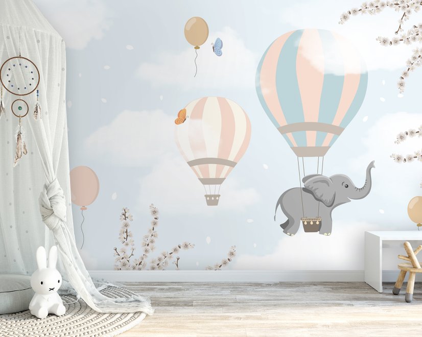 Kids Hot Air Balloons with Elephant Wallpaper Mural