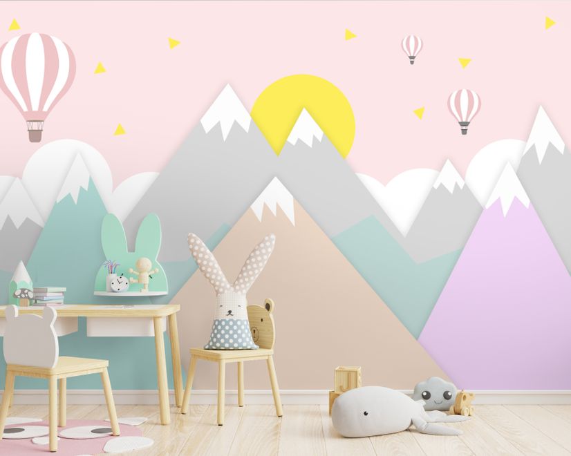 Pink Mountainscape and Hot Air Balloon Wallpaper Mural