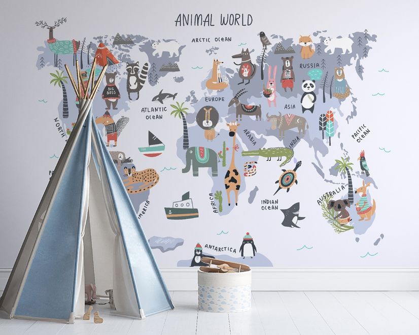 World Map with Cartoon Animals  Kids Wallpaper Mural