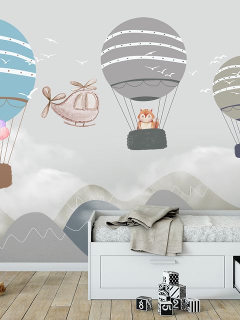 Kinder Cartoon Heißluftballon und Flugzeug Fototapete