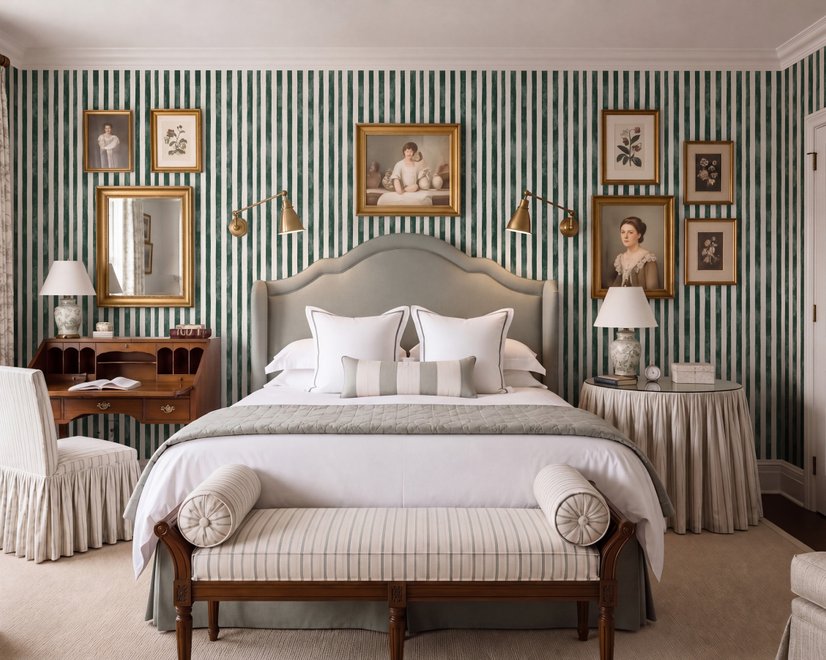 Green striped minimalist wallpaper with vertical deep forest green bands on a soft warm ivory ground.