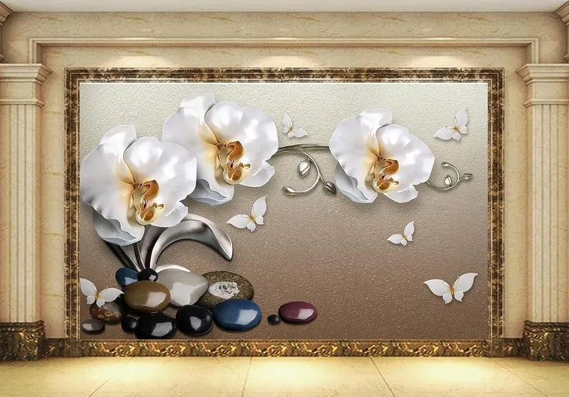 Papier peint panoramique orchidée florale effet 3D avec galets