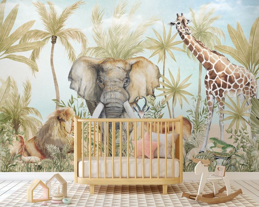 Watercolor Safari Animals in Forest Wallpaper Mural