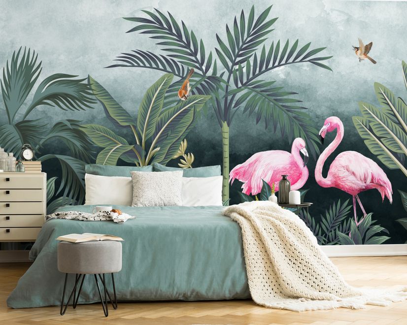 Pink Flamingo with Vintage Forest Wallpaper Mural