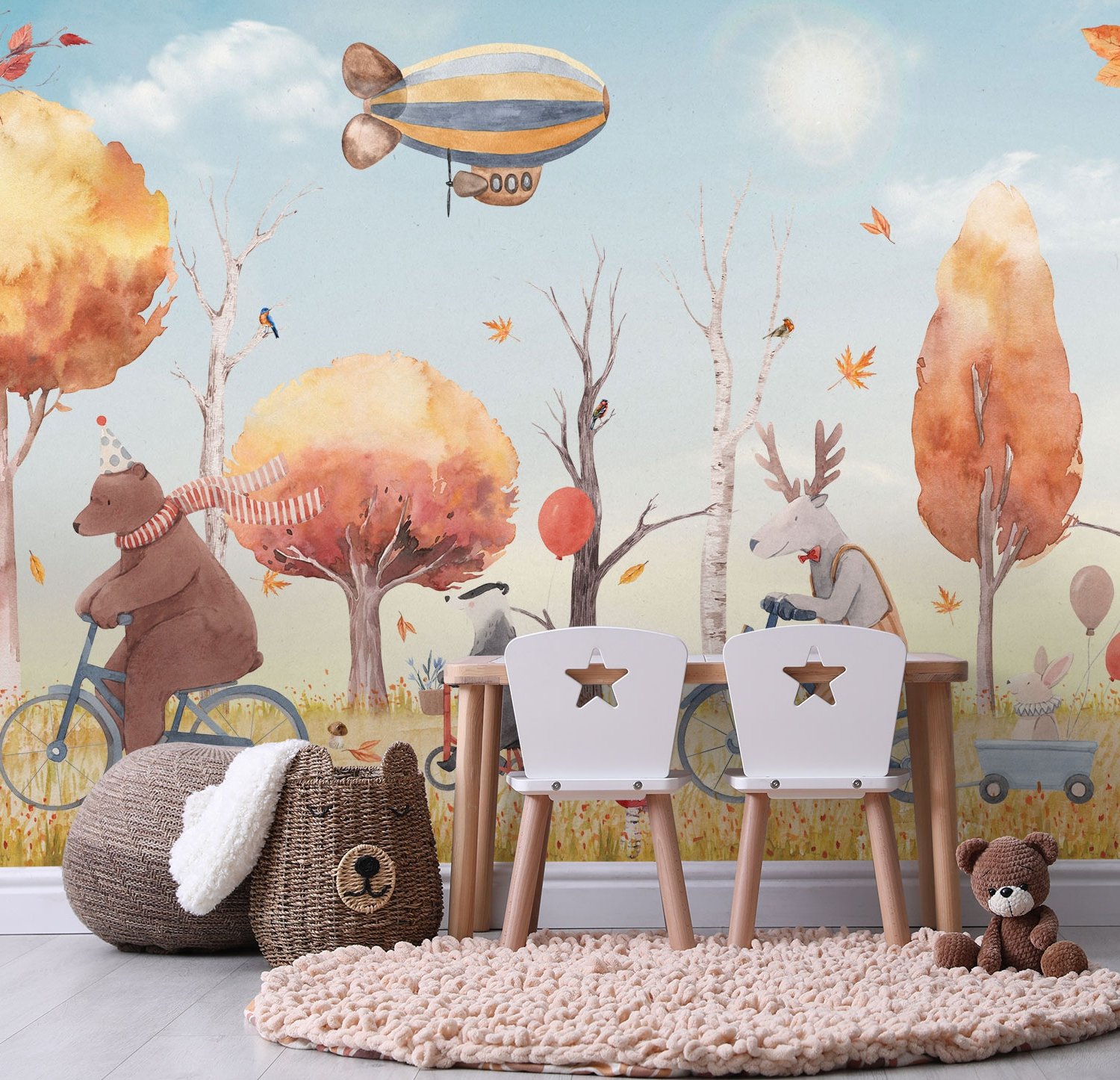 Kids Winter Animals with Zeppelin Wallpaper Mural - Peel and Stick