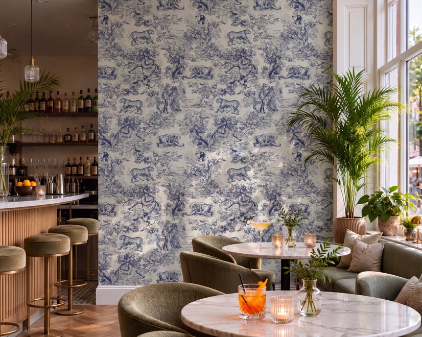 Jungle wallpaper with animals in navy toile, showing tigers, elephants and monkeys on an ivory cream ground