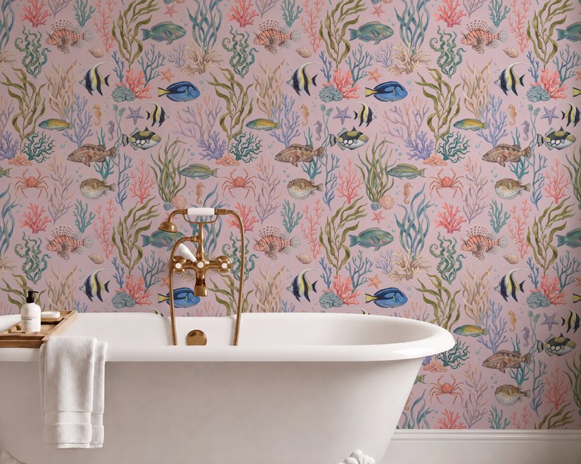 Cute pink seashell wallpaper with watercolour reef fish, coral, seaweed, starfish and shells on blush pink