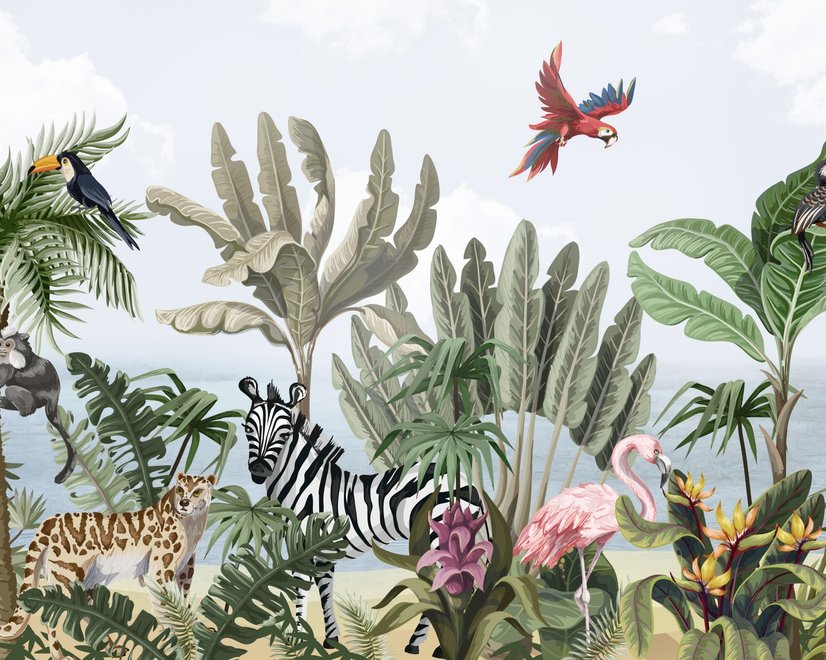 Papier peint panoramique de la jungle des enfants avec des animaux exotiques