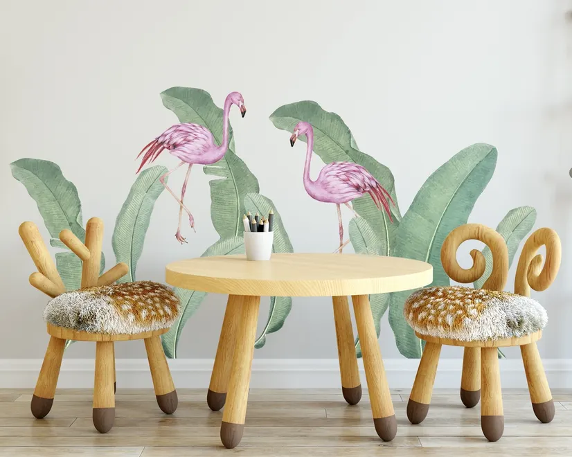 Kids Pink Flamingo and Green Banana Leaves Wall Decal Sticker