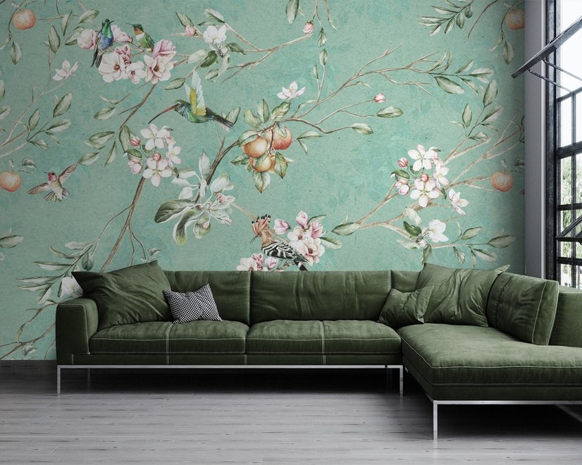 Papier peint fleurs vintage oiseaux