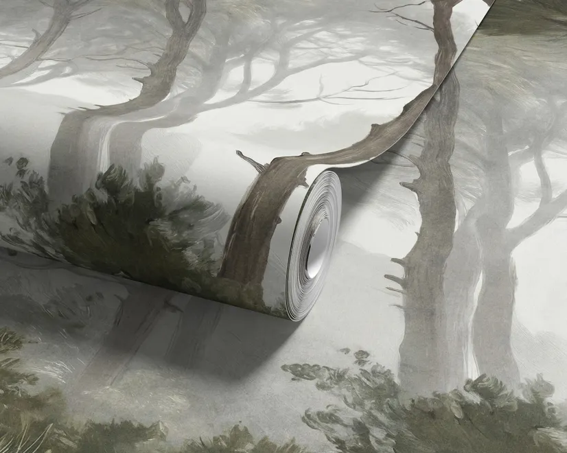 Forest in fog wallpaper with tall pine trees, grey mist, shrubs and a spiky palm in watercolour.