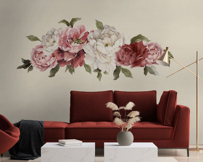 Soft Red Peony Floral Wall Decal Sticker