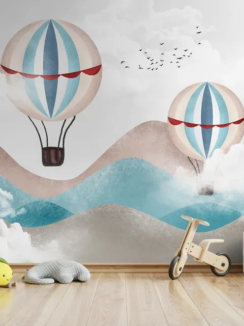 Kids Blue Brown Mountainscape with Hot Air Balloon Wallpaper Mural