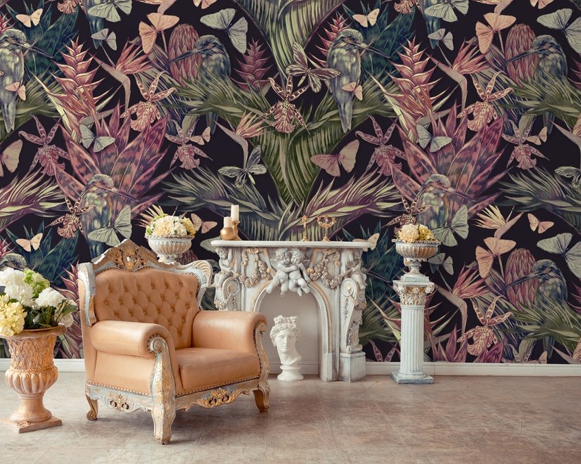 Papier peint oiseaux tropicaux branche papillons