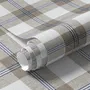 Beige, oat and cream-white plaid wallpaper with fine navy-blue stripes and printed linen texture