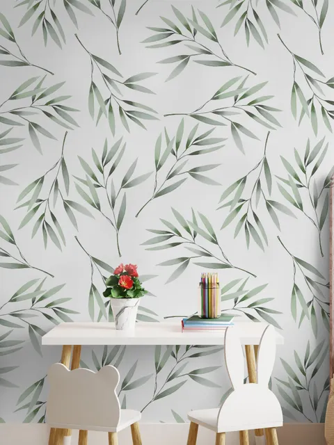 Watercolor Green Olive Leaves Pattern Wallpaper Mural