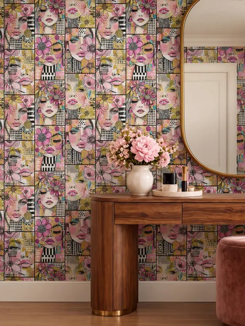 Bold wallpaper for powder room with pop art female faces, pink flowers, black comic panels, mustard, teal and fuchsia details