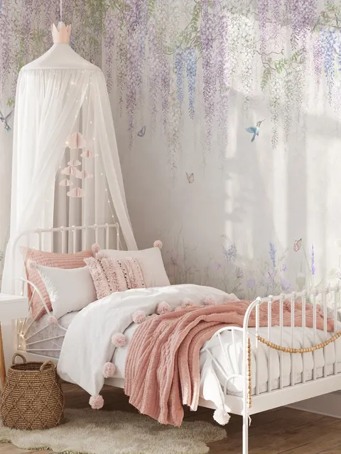 Fototapete mit Aquarell Hängende Wisteria Blumen und Kolibris