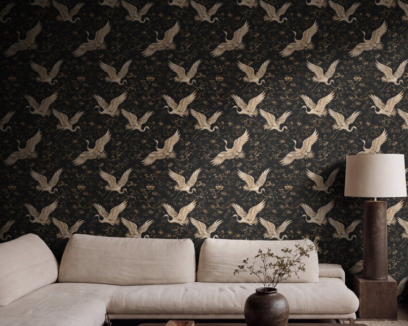 Ivory cranes and antique gold lotus flowers on charcoal-black Japanese lotus wallpaper