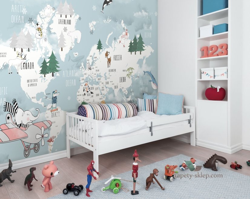 Kinder Blaue Weltkarte mit Niedlichen Tieren und Fliegendem Elefanten Fototapete