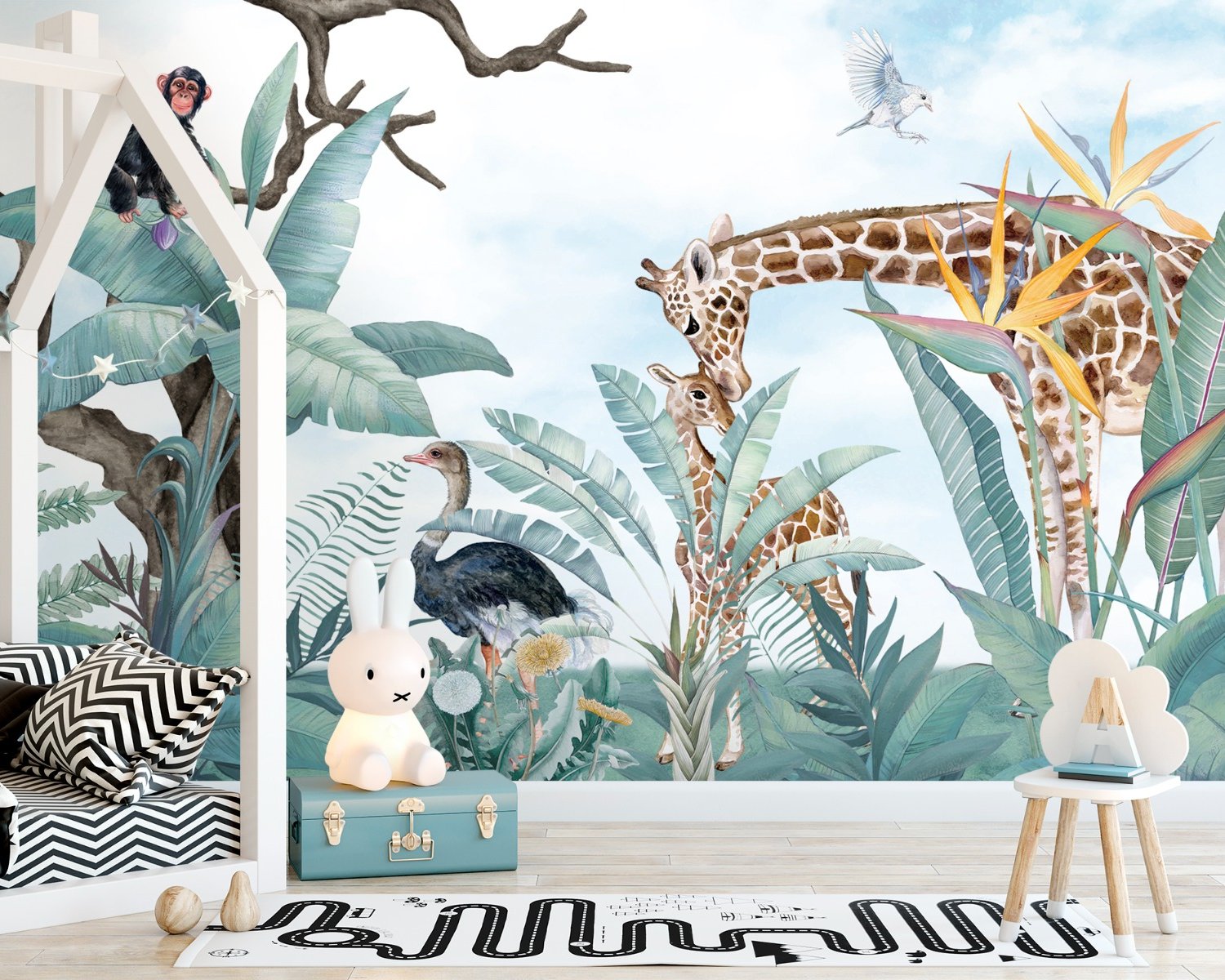 Kids Safari Animals with Fresh Tropical Leaves Wallpaper Mural - Peel and Stick