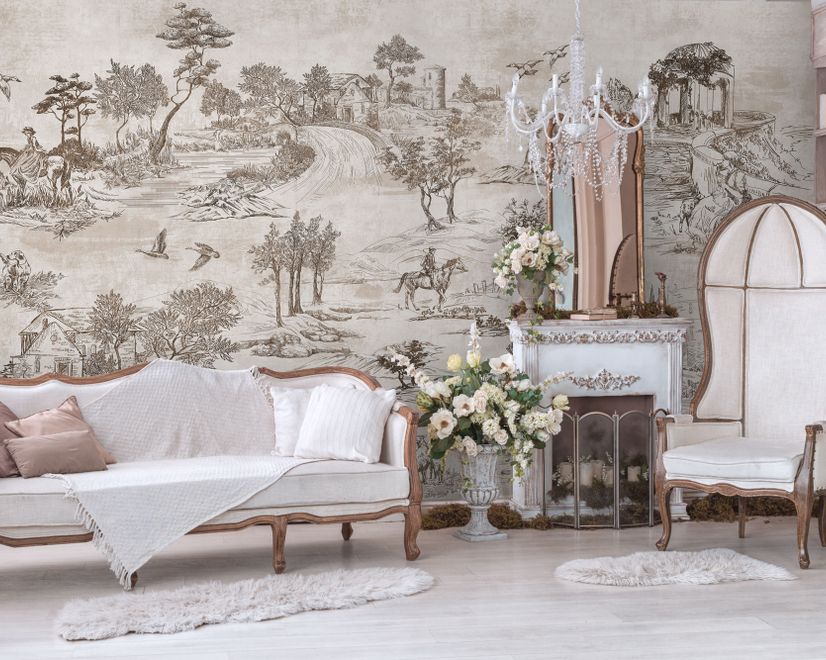 Vintage Monochrome Jouy Style Landscape Wallpaper Mural