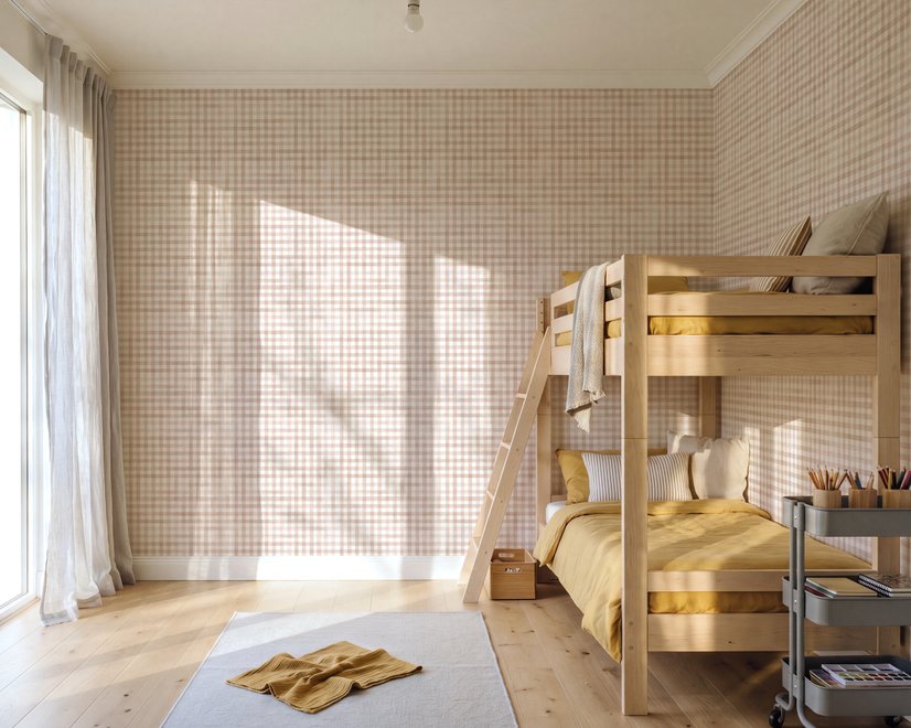 Soft brown wallpaper with pale beige gingham checks on a warm cream off-white ground